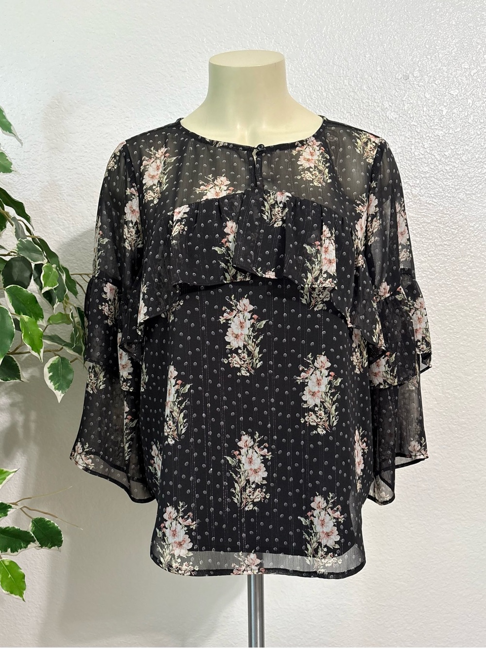 Black Floral Blouse with Ruffle Sleeves